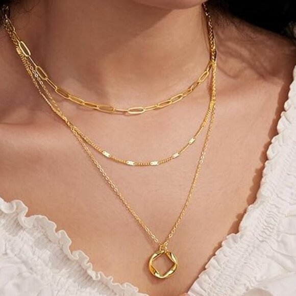Jewelry - Layered Gold Necklace Set – Paperclip, Chain & Circle Pendant 3 Piece Adjustable